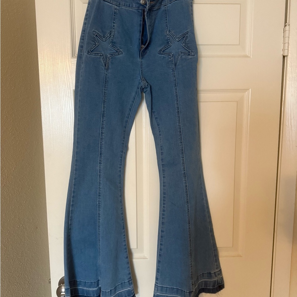 Chic Blue Flare Jeans with Star Accents